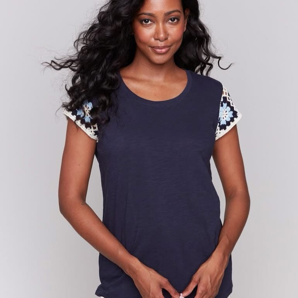 Navy Blue Lace Sleeve Women's Top